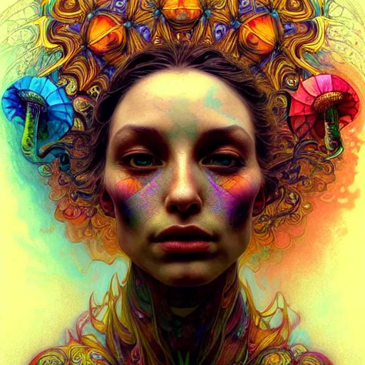 Image similar to An extremely psychedelic experience, reality bending, colorful, surreal, magic mushrooms, psilocybin, LSD, face, detailed, intricate, elegant, highly detailed, digital painting, artstation, concept art, smooth, sharp focus, illustration, art by Krenz Cushart and Artem Demura and alphonse mucha