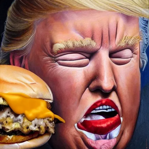 Image similar to realistic painting by jenny saville of!! donald trump!! licking a! cheeseburger!, art by jenny saville and tom bagshaw, detailed, sharp, smooth,! hamburger!