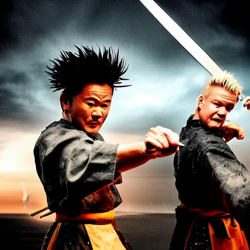 Image similar to Dramatic artistic photo of Samurai Gordon Ramsay having a sword fight with Samurai Guy Fieri, lightning in background, raining, dark, intense, anime fight, realistic, hyperrealistic