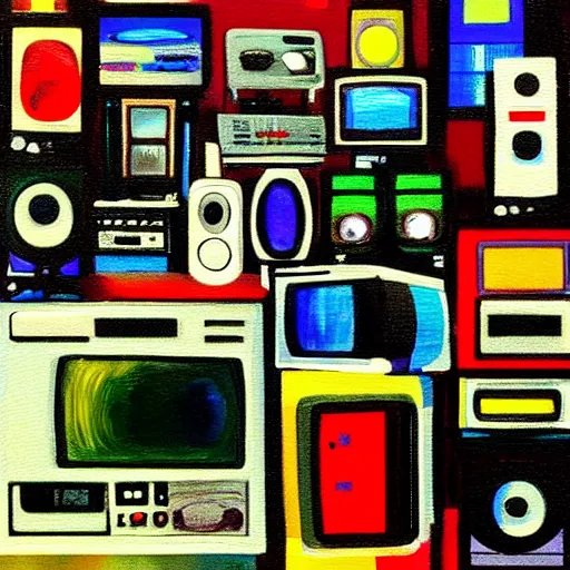 Prompt: furry, array of crt televisions, tv static, antenna, stacked, polaroid, steroids, adult video store, impressionist painting, painting, acrylic painting, cell shaded