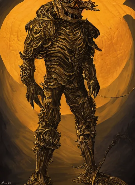 Image similar to powerful male pumpkin, willem dafoe as pumpkinhead, oz, full body character concept, covered in full metal armor, art nouveau, super powers, fantasy, intricate, elegant, highly detailed, digital painting, artstation, concept art, shining, sharp focus, illustration, art bjorn hurri