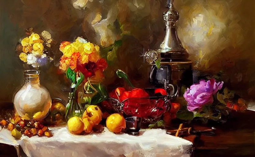 Prompt: Alchemy amazing still life composition. By Konstantin Razumov, highly detailded