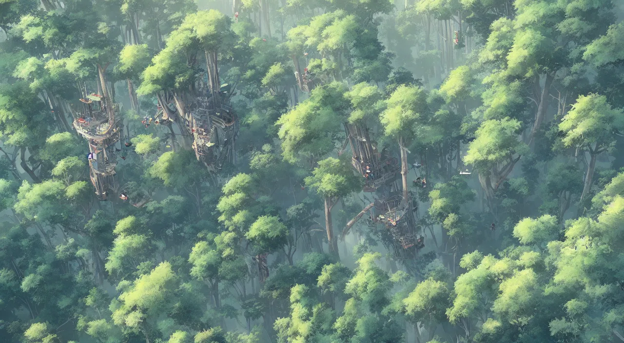 Prompt: aerial view of treetop canopy, by studio ghibli and greg rutkowski,