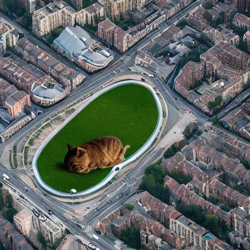 Prompt: Aerial photo of a giant fat cat laying over a city