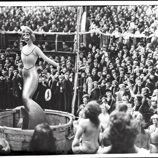 Prompt: mermaid on a circus, crowd shocked, 3 5 mm, 1 9 2 0, photograph