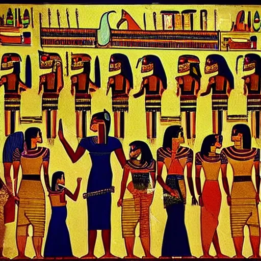 Image similar to egyptian painting of people taking a group selfie