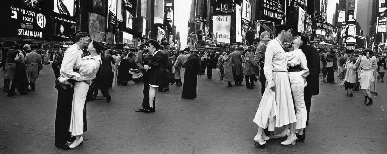 Image similar to alfred eisenstaedt's photograph of spaghetti and an american sailor kissing a woman in times square, 1 9 4 5, canon 5 0 mm, kodachrome, retro