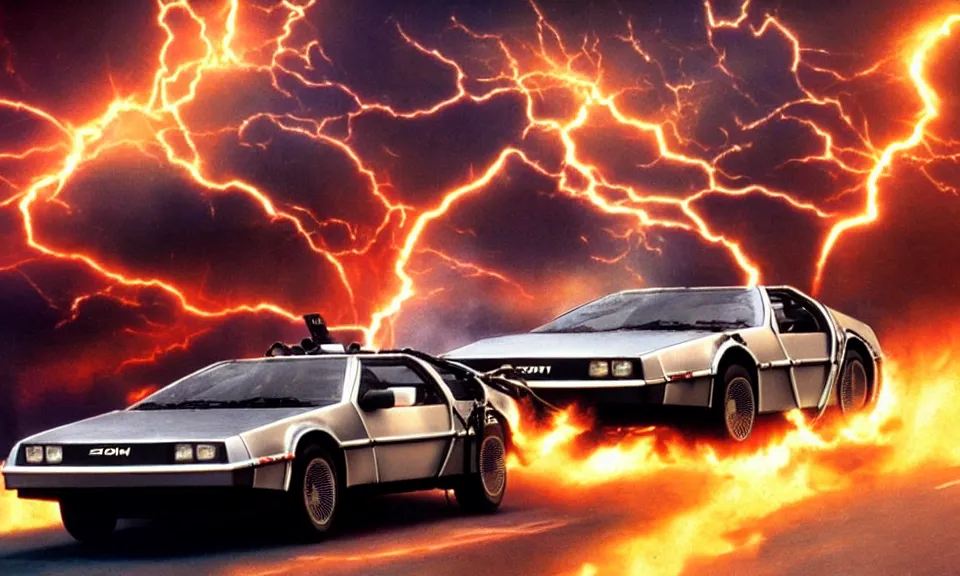 Image similar to scene from back to the future, delorean from back to the future driving very fast, lightning around the car, fire on the road, driving through a portal, motion blur