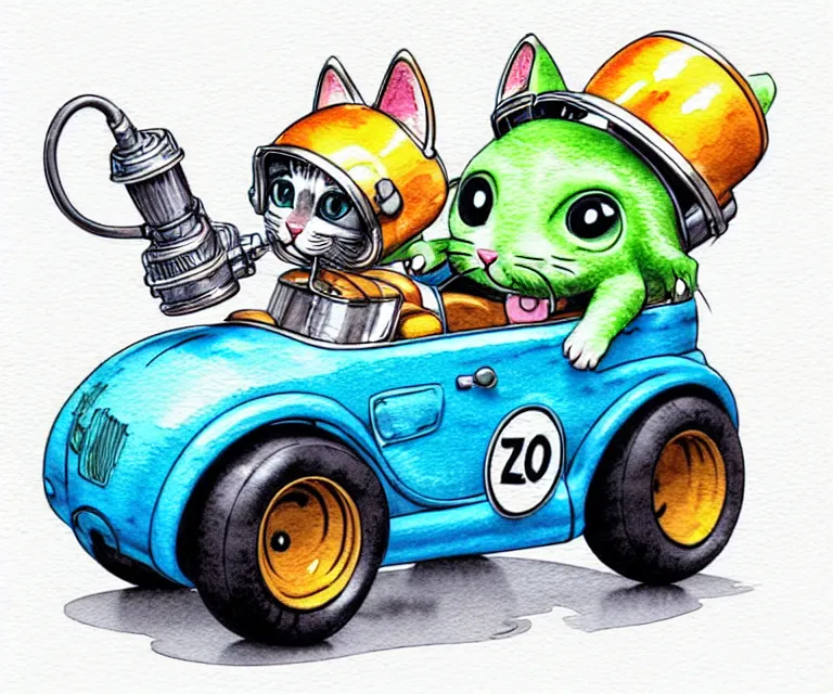 Image similar to cute and funny, kitten wearing a helmet riding in a tiny hot rod with an oversized engine, ratfink style by ed roth, centered award winning watercolor pen illustration, isometric illustration by chihiro iwasaki, edited by range murata, tiny details by artgerm and watercolor girl, symmetrically isometrically centered, sharply focused