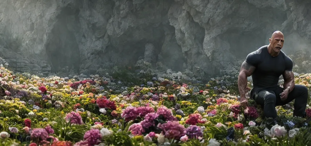 Image similar to dwayne johnson in the shape of a skull surrounded by flowers at dawn, foggy, sun rays, cinematic shot, photo still from movie by denis villeneuve, wayne barlowe