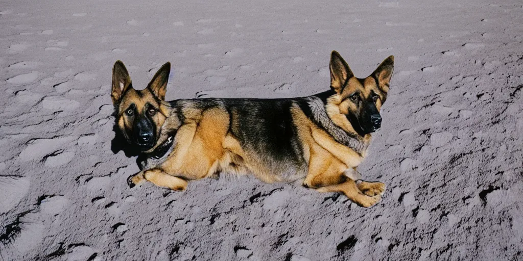 Prompt: high resolution colour photograph of a german shepherd on the moon surface, wearing a space suit, portrait, very detailed, realistic, shot on digital camera