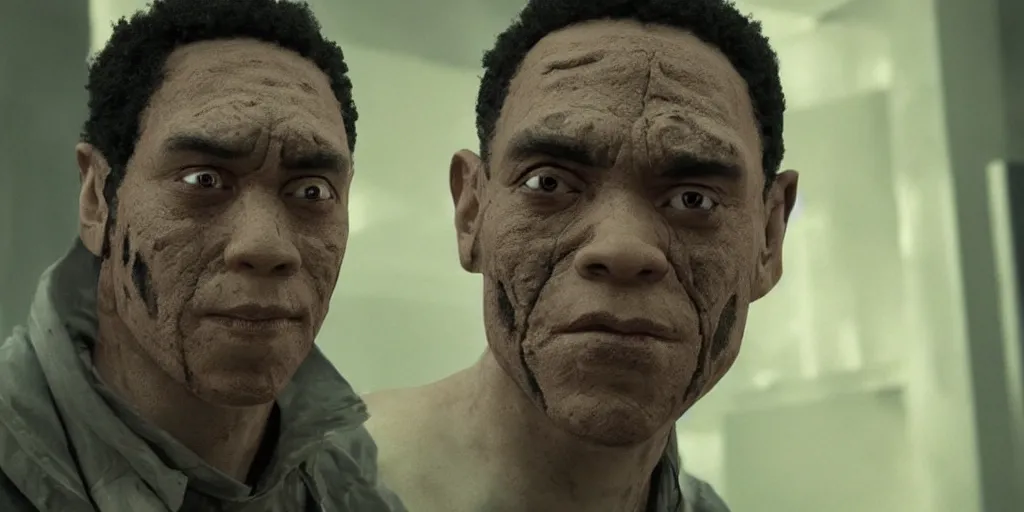 Prompt: martian manhunterm, dc character live action played harry lennix, green skin, real life, spotted, ultra realistic face, accurate, 4 k, movie still, uhd, sharp, detailed, cinematic, render, modern