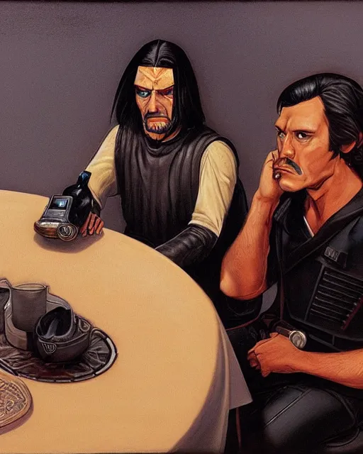 Prompt: rhett sarlin sitting at a table in a cantina on tatooine, long black hair, black leather vest, portrait by ralph mcquarrie