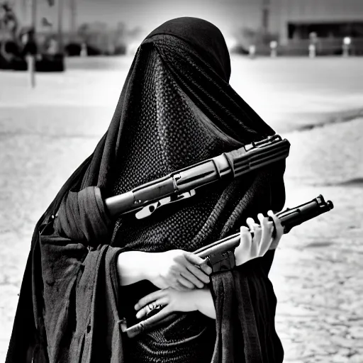 Image similar to 8 k uhd black and white portrait from burqa woman carrying a riffle's, uhd details, national geography winning photo contest