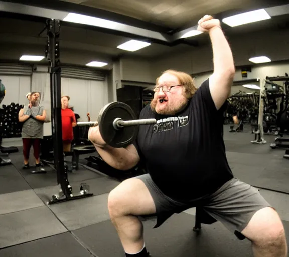 Prompt: gabe newell performing squats, award winning photograph by artie zeller