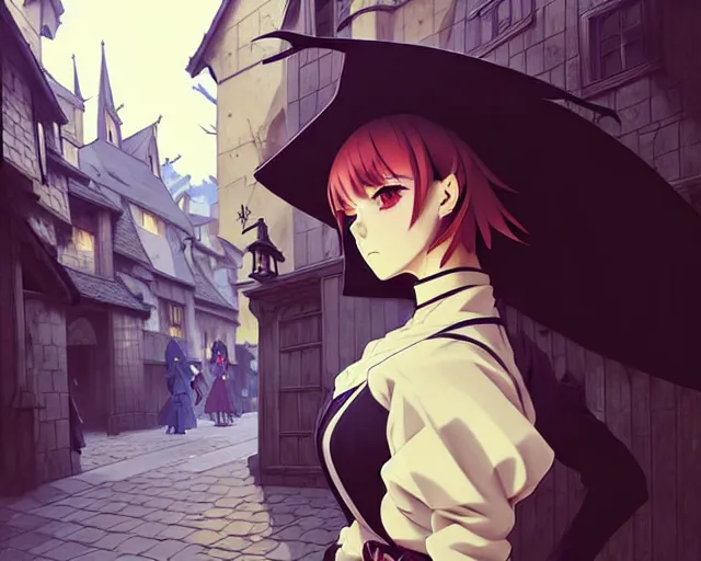 Prompt: ilya kuvshinov, cel shading, moody, key anime visual portrait of a young female witch walking through a busy medieval village, dynamic pose, dynamic perspective, cinematic, dramatic lighting, muted colors, detailed silhouette, textured, anime proportions, alphonse mucha, perfect anime face, kyoani, yoh yoshinari, takashi murakami