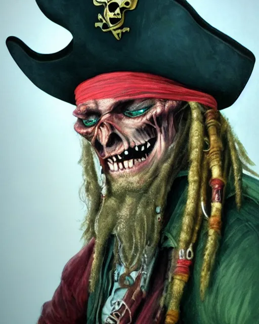 Image similar to an intimate portrait of a gnarly pirate, old skin, faded hat, crooked teeth, green eyes, a look of menace, detailed matte fantasy painting