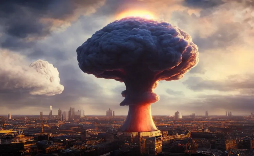 Image similar to nuclear mushroom cloud over London featured on artstation, ultrawide angle cycles render, 4k