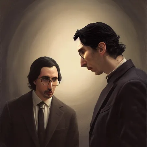 Prompt: painting of both john oliver and adam driver together, john oliver in front, full body, elegant, beautiful, highly detailed, centered, dark, smokey, digital painting, concept art, smooth, sharp focus, illustration, deviant art, art by greg rutkowski, karol bak and peter mohrbacher