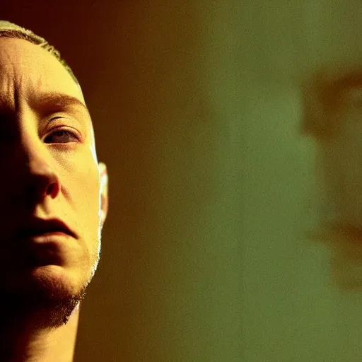 Image similar to movie still of eminem cyborg, cinematic composition, cinematic light, criterion collection, by david lynch