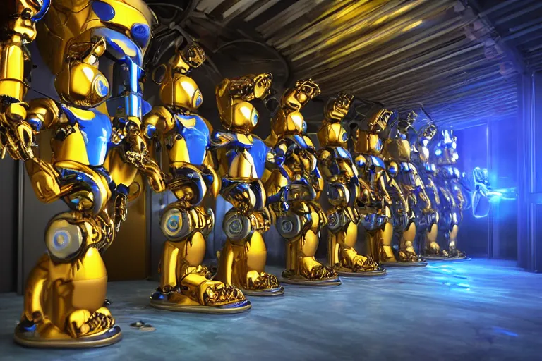 Image similar to a queue of 7 golden and blue metal humanoid steampunk robots in front of an entrance door to a futuristic nightclub, robots are wearing and gears and tubes, eyes are glowing red lightbulbs, shiny crisp finish, 3 d render, 8 k, insaneley detailed, fluorescent colors, nightlight