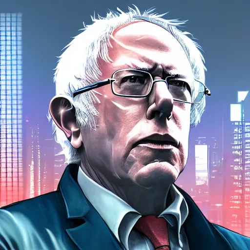 Image similar to cyberpunk bernie sanders as the leader of a futuristic communist nation, cybernetics, sharp lines, digital, artstation, colored in