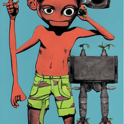 Prompt: an african boy from the movie tank girl, by jamie hewlett and sawoozer and roger ballen,
