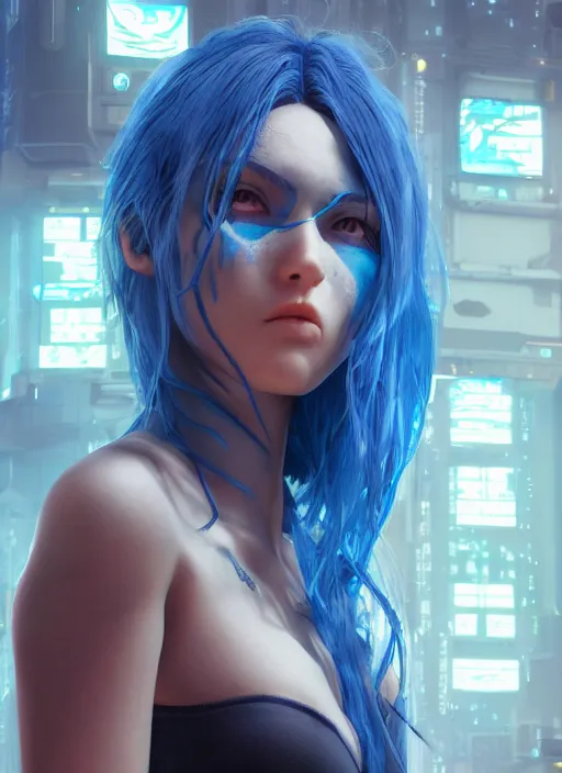 Prompt: beautiful young cyberpunk girl with blue hair, blue eyes, au naturel, digital art, trending in artstation, cinematic lighting, studio quality, smooth render, fluorescent skin, unreal engine 5 rendered, octane rendered, art style by klimt and nixeu and ian sprigger and wlop and krenz cushart