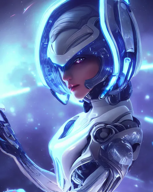 Image similar to perfect android girl on a mothership, warframe armor, beautiful face, scifi, futuristic, galaxy, nebula, raytracing, dreamy, long white hair, blue cyborg eyes, sharp focus, cinematic lighting, highly detailed, artstation, divine, by gauthier leblanc, kazuya takahashi, huifeng huang