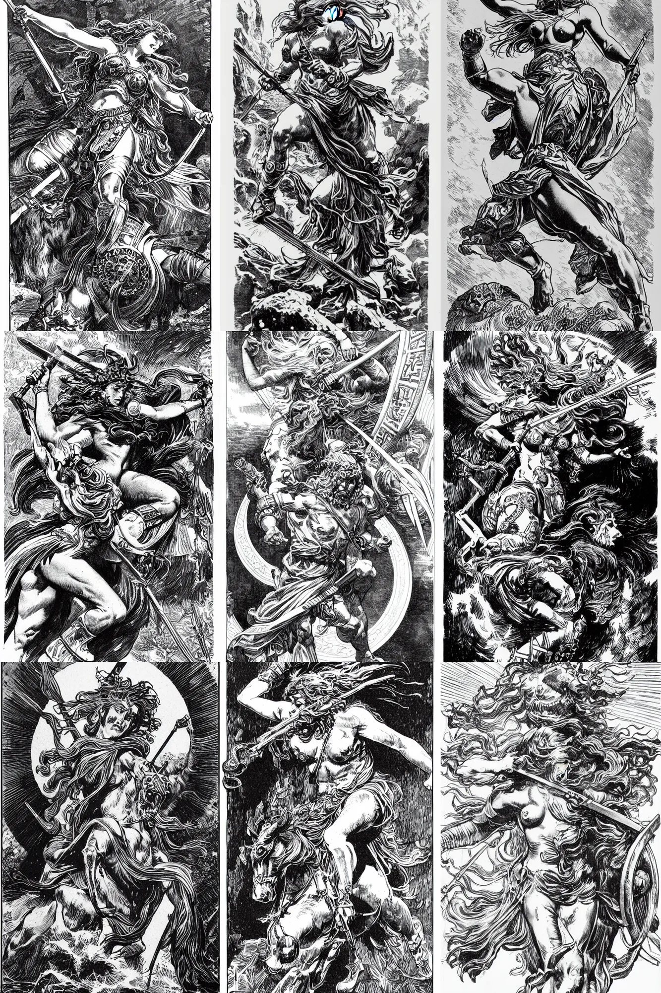 Prompt: Greek God Athena charging into battle, Tshirt Design, Heavy Metal, crosshatching, highly detailed, smooth, intricate, ornate by Bernie Wrightson and Alphonse Mucha