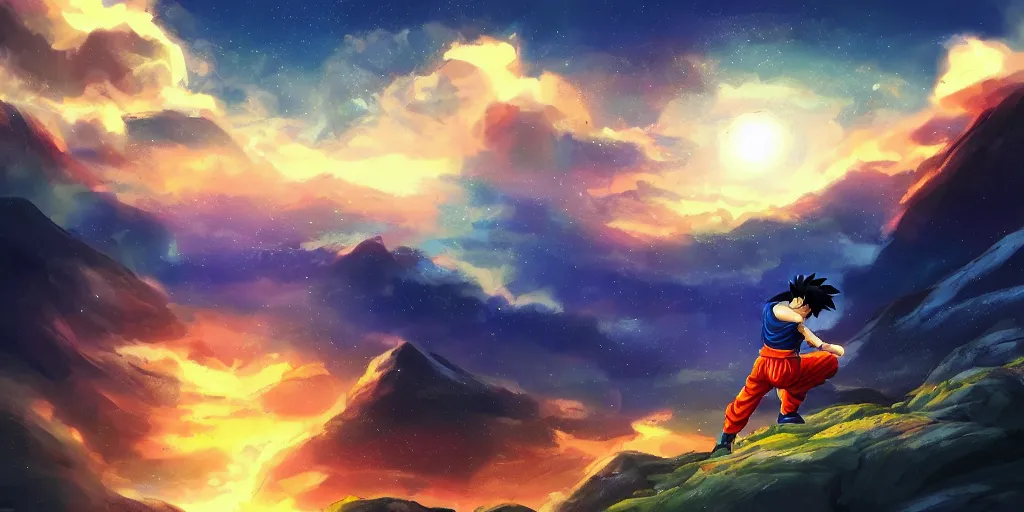 Image similar to son goku, mountain landscape, night sky, digital art, digital painting, celestial, majestic, playful, colorful