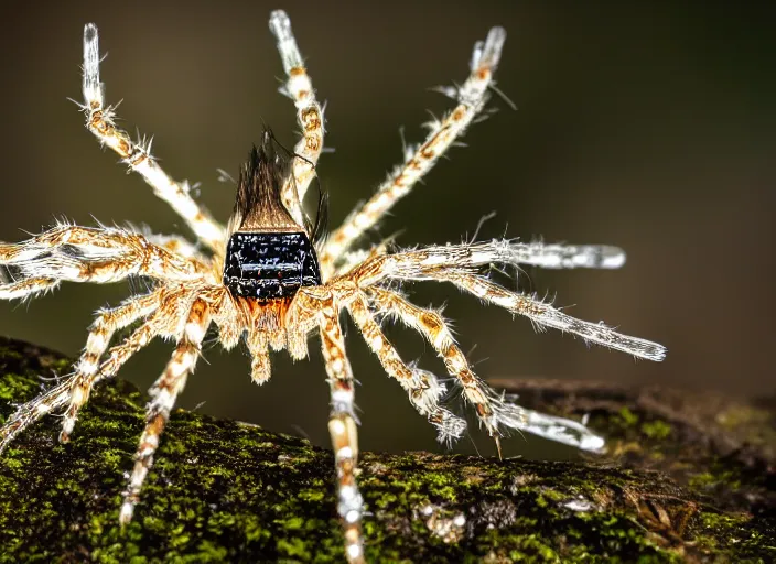 Prompt: macro portrait of a crystal spider in the forest. Fantasy magic style. Highly detailed 8k. Intricate. Nikon d850 300mm. Award winning photography.