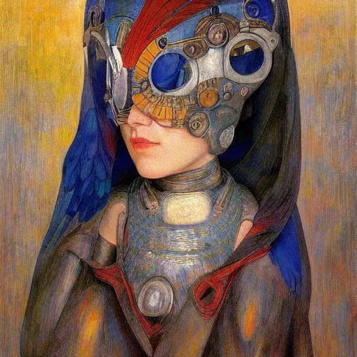 Prompt: the robot in her bird mask, by Annie Swynnerton and Diego Rivera , symbolist, dramatic lighting, elaborate geometric ornament, Art Brut, god rays, soft cool colors,smooth, sharp focus, extremely detailed, Adolf Wölfli and (Donato Giancola)