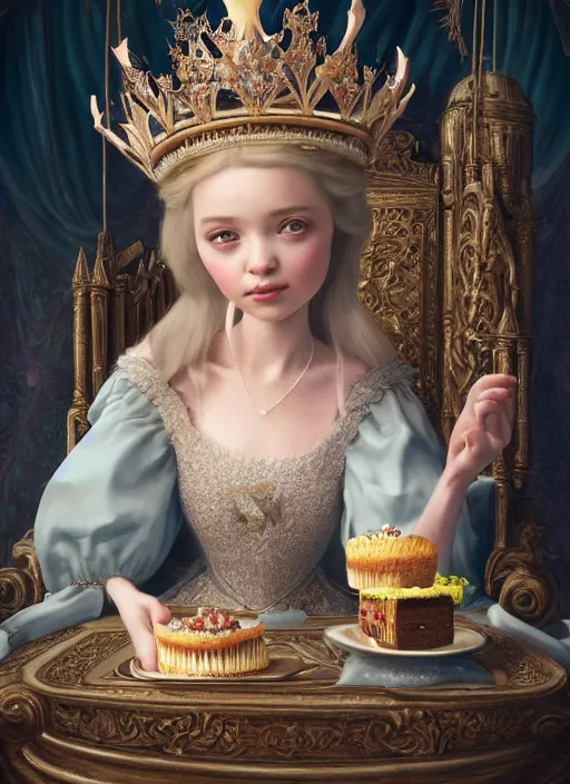 Image similar to highly detailed closeup, low - poly hands, portrait of a fairytale medieval princess wearing a crown and sitting on a throne eating cakes, unreal engine, nicoletta ceccoli, mark ryden, earl norem, lostfish, global illumination, god rays, detailed and intricate environment