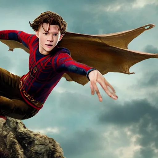 Image similar to tom holland as harry potter flying on dragon, close up, photo