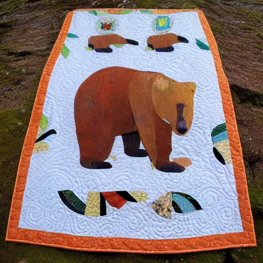 Image similar to Quilt design inspired by Haida Gwaii bear spirit, detailed, product photo,