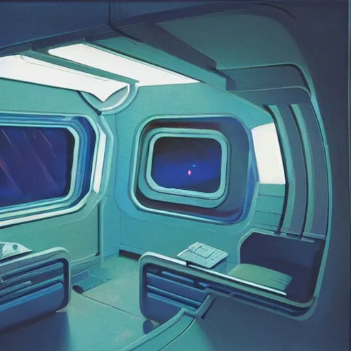 Image similar to Cozy sleeping quarters interior of a spaceship, teal lighting, cozy lighting, space seen outside from a window, by Syd Mead, John Harris, Federico Pelat
