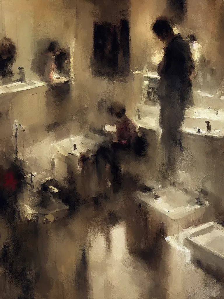 Prompt: a beautiful painting by mark tennant of people looking at their phone in a bathroom, color bleeding, brushstrokes by jeremy mann