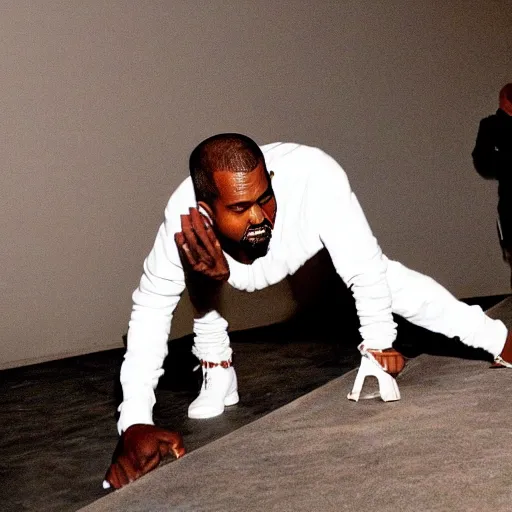 Image similar to kanye west crawling on all fours like a demon