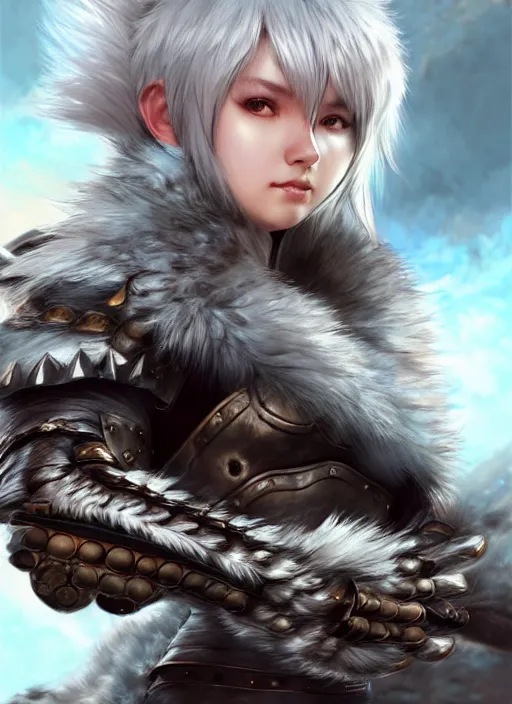 Image similar to warrior, fur - lined heavy armor!!! beautiful and athletic white hair female!! monster hunter!! character concept art, sharp focus, octane render! unreal engine 5! highly rendered!! trending on artstation!! detailed linework!! illustration by artgerm, wlop, and chie yoshii