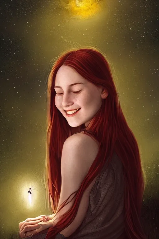 Image similar to infp young woman, smiling, amazed by golden fireflies lights, sitting in the midst of nature fully covered, long loose red hair, intricate linework, green eyes, small nose with freckles, oval shape face, realistic, expressive emotions, dramatic lights, spiritual scene, hyper realistic ultrafine art by cecco del caravaggio and albert bierstadt and artgerm