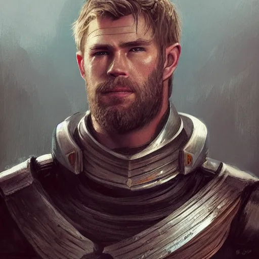 Image similar to a portrait of a medieval knight with a short beard and short blonde hair drawn in the style of greg rutkowski, face of chris hemsworth, trending on artstation, realistic, detailed