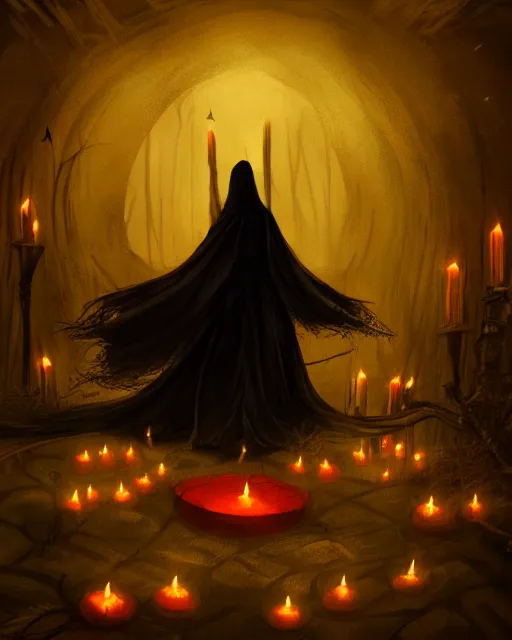 Prompt: a mystical witch in a black shawl, surrounded by lit red candles floating in the air, in an underground dungeon. by abigail larson, realistic, unreal engine, matte painting, 4 k wallpaper