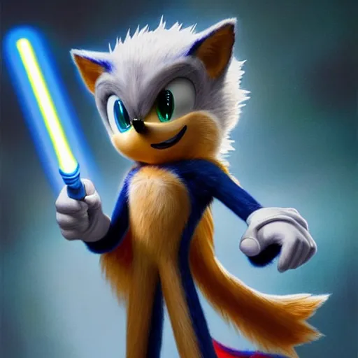 Image similar to highly detailed oil painting | very intricate | cinematic lighting | award - winning | sonic the hedgehog!!!!! with a light saber | by roberto ferri, by tom bagshaw, by j. c. leyendecker and artgerm, american romanticism, by austin osman spare, artstation, cgsociety, official art, octane