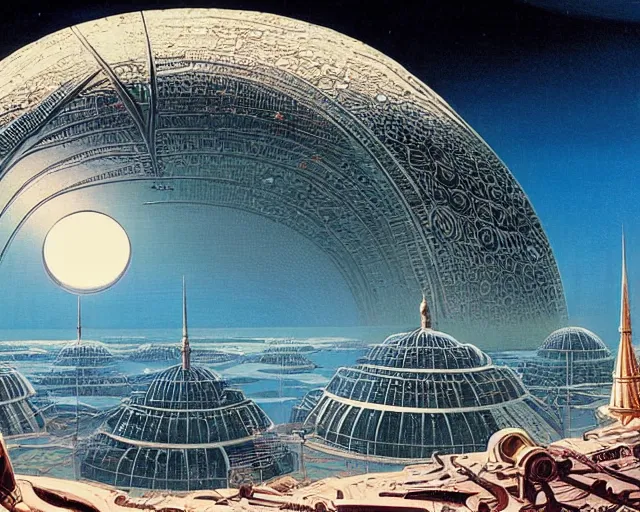 Image similar to a hyper detailed view of a large domed city on the moon, solarpunk, ecopunk, futuresynth, majestic, epic metropolis, by eyvind earle and patrick woodroffe