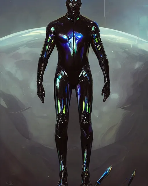 Image similar to iridescent wiry muscular male smooth sleek glossy black pearlescent scifi armor, by greg rutkowski and mark brookes and jim burns and tom bagshaw and magali villeneuve, trending on artstation