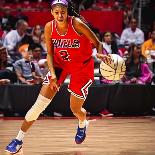 Image similar to candace parker playing basketball in a chicago bulls jersey