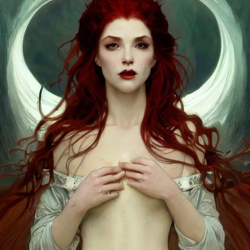 Prompt: portrait of a menacing beautiful vampire, face only, by Stanley Artgerm Lau , greg rutkowski, thomas kindkade, alphonse mucha, loish, norman rockwell, J. C. Leyendecker. red hair, pale skin, sinister complexion. D&D, fantasy. Trending on artstation rule of thirds extremely detailed illustration hd 4k