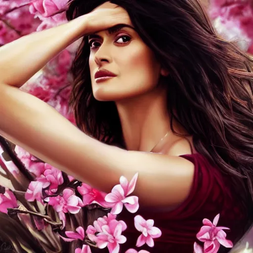 Image similar to portrait of salma hayek in the style of stefan kostic, realistic, body shot, sharp focus, 8 k high definition, insanely detailed, intricate, elegant, art by stanley lau and artgerm, cherry blossoms