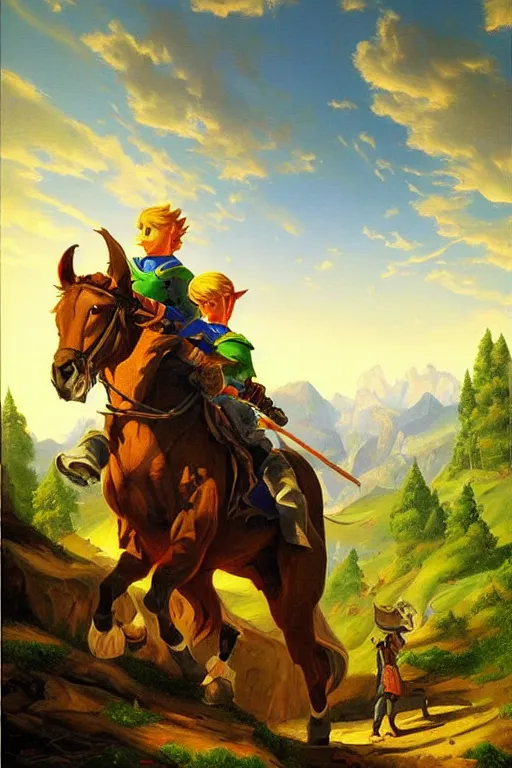 Prompt: asher brown durand oil painting on canvas hyrule legend of zelda